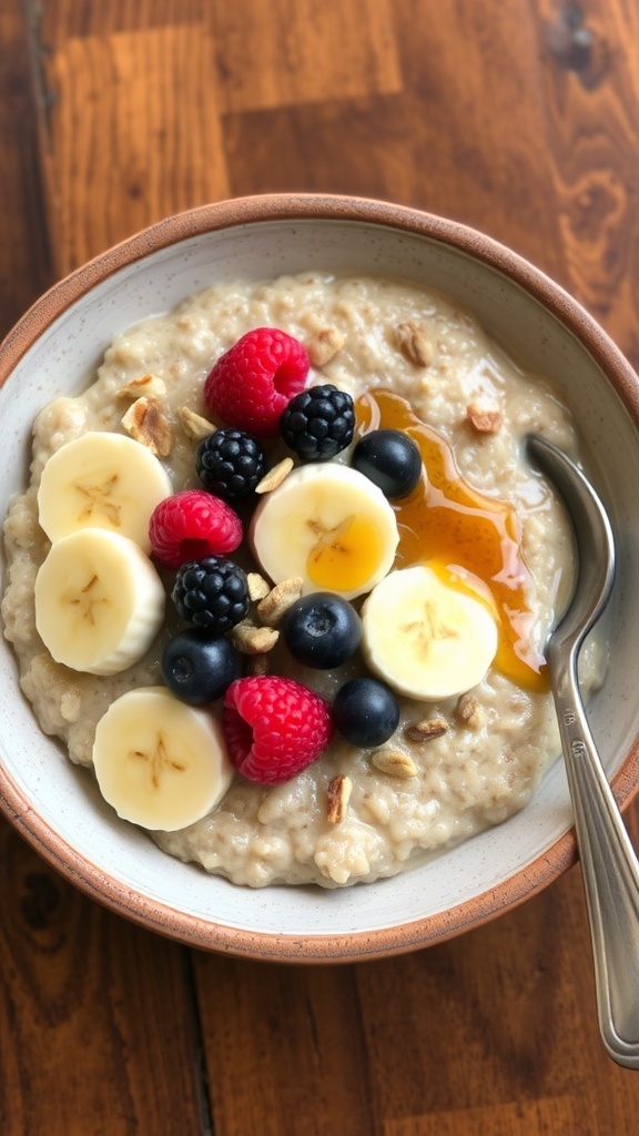 A bowl of oatmeal topped with berries, bananas, and nuts on a wooden table.